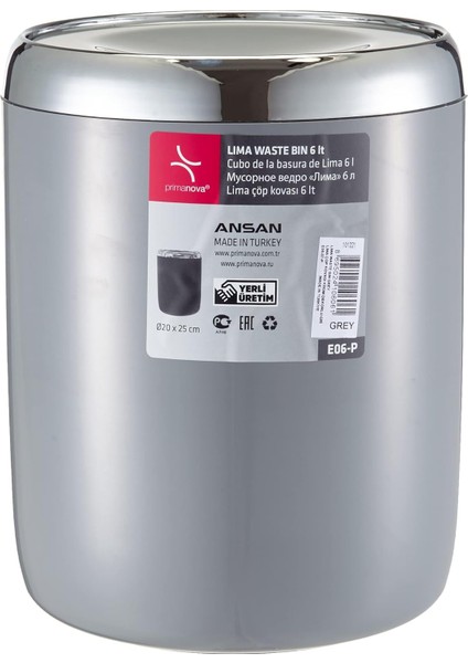 M-E06-07-P Lima Çöp Kovası, Krom Dekorlu, Gri