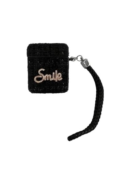 Airpods 1/2 Nesil ile Uyumlu Kumaş Dokulu Taş Detaylı Askılı Kılıf - "smile", "goodluck" ve Ayıcık Figürlü Şık Tasarımlar (Smile Siyah) modelleri