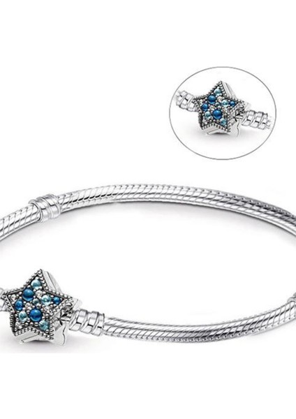 Mavi Yıldız Klipsli Gümüş Bileklik Charm Taşıyıcı