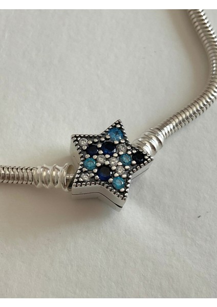 Mavi Yıldız Klipsli Gümüş Bileklik Charm Taşıyıcı modelleri