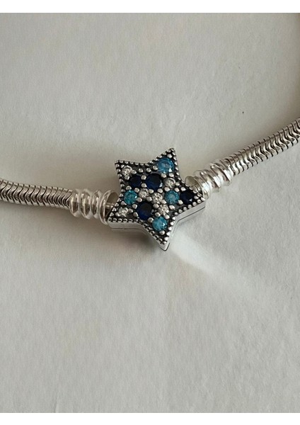Mavi Yıldız Klipsli Gümüş Bileklik Charm Taşıyıcı