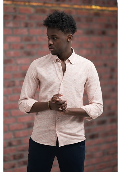 Slimfit Hasır Dokuma Yaka Düğmeli Slimfit Gömlek