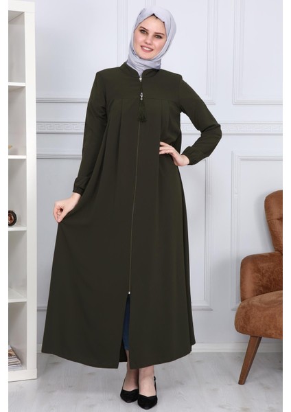 Medine Ipeği Tesettür Pile Detaylı Ferace MS-0165 Haki