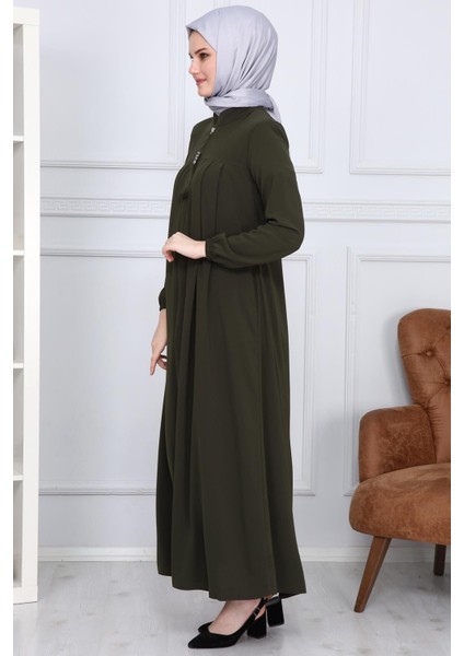 Medine Ipeği Tesettür Pile Detaylı Ferace MS-0165 Haki modelleri