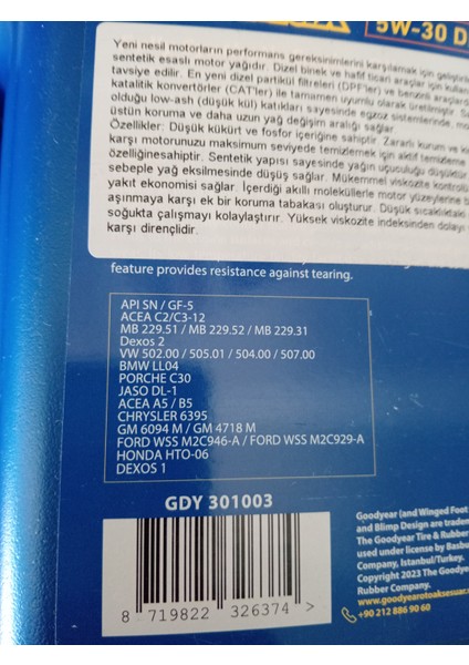 5W30 -Partikül 3,2 Litre Motor Yağı Parça No : Gdy 301002 fırsatları