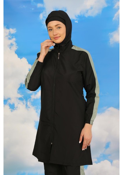 Kadın Pantolonlu Kolu Şeritli Tam Tesettür Mayo Siyah 31066 modelleri