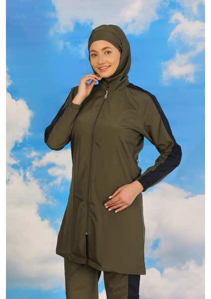 Kadın Pantolonlu Kolu Şeritli Tam Tesettür Mayo Haki 31066 modelleri