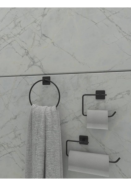 Banyo Yapışkanlı Siyah Kare Topuz Havluluk ve Kare Tuvalet Kağıtlık Kare Peçetelik Seti Düzenleyici