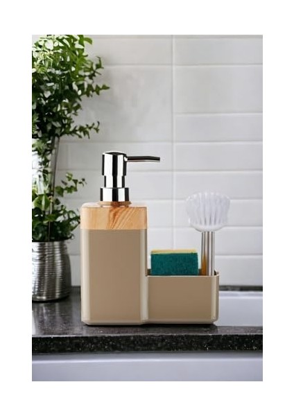 Bambu Desen Kapaklı Hazneli Sıvı Sabunluk Tezgah Üstü Mutfak Banyo Deterjanlık Fırça Sünger Dahil Değildir (Krem) fiyatları
