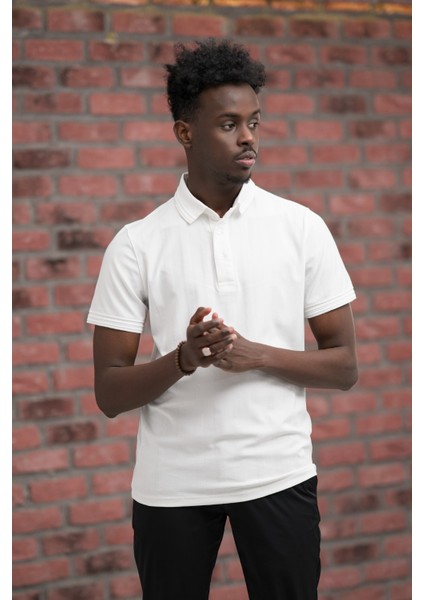 Regular Fit Likralı Kendinden Çizgili Polo Yaka T-Shirt