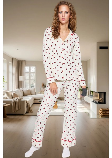 Kadın Kalpli Desenli Pamuklu Pijama Takımı Rahat Ev Giyim Seti Kış Mevsimi Kullanım