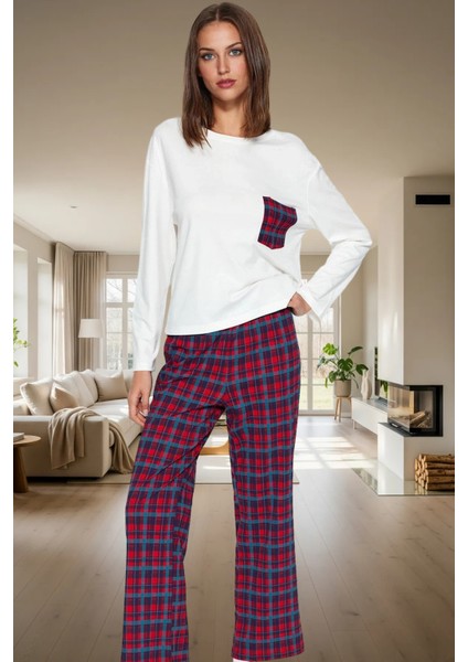 Kadın Pamuklu Ekoseli Pijama Takımı Rahat Ev Giyim Seçkin Malzeme Dayanıklı