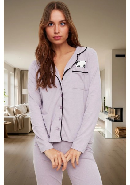 Kadın Pamuklu Panda Baskılı Örme Pijama Takımı Kış Mevsimi Için Rahat Seçkin Malzeme Konforlu Kesim