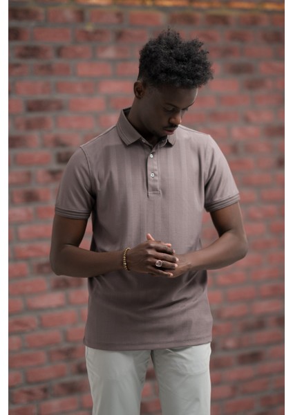 Regular Fit Likralı Kendinden Çizgili Polo Yaka T-Shirt