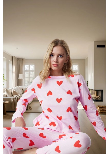 Kadın Kalpli Desenli Pamuklu Pijama Takımı Kış Mevsimi Için Rahat Uyku Konforlu Kesim fiyatları