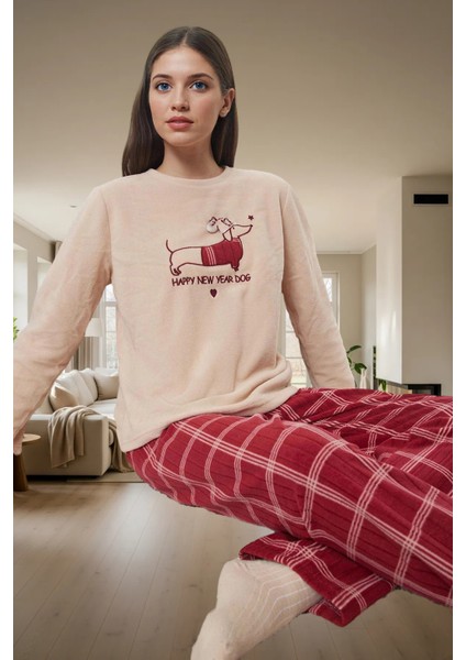 Kadın Kışlık Polar Pijama Takımı Ekose Desenli Uzun Paça Günlük Kullanım Için Seçkin Malzeme
