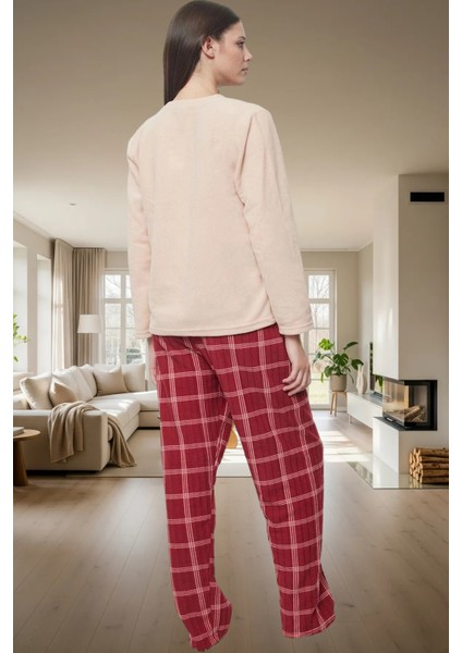 Kadın Kışlık Polar Pijama Takımı Ekose Desenli Uzun Paça Günlük Kullanım Için Seçkin Malzeme modelleri