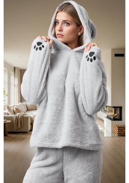 Kadın Kışlık Wellsoft Pijama Takımı Kapüşonlu Boru Paça Rahat Ev Giyim Seti Uzun Ömürlü Modern Stil