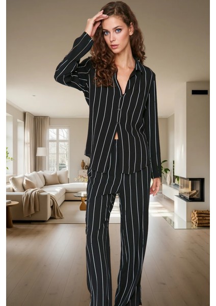 Kadın Şık Çizgili Viskon Pijama Takımı Rahat Yumuşak Çok Regular Zarif Tasarım Görünüm