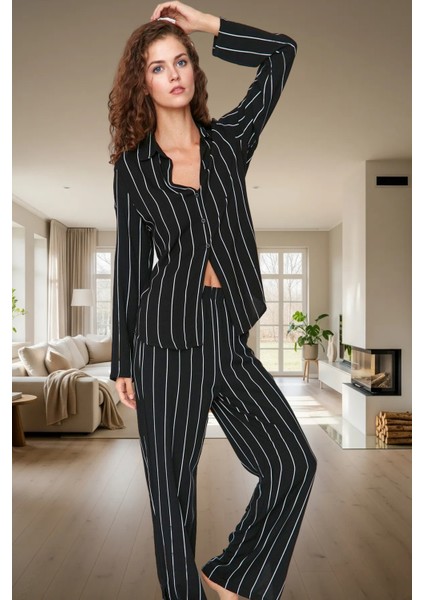 Kadın Şık Çizgili Viskon Pijama Takımı Rahat Yumuşak Çok Regular Zarif Tasarım Görünüm fiyatları