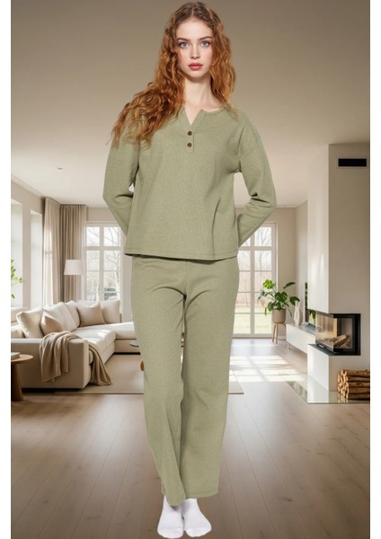 Kadın V Yaka Uzun Kollu Pamuklu Pijama Takımı Kış Mevsimi Için Rahat Yüksek Kalite Trend Tasarım
