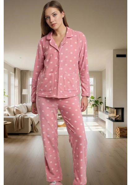 Kadın Kışlık Polar Örme Pijama Takımı Baskılı Desenli Uzun Paça Yüksek Kalite Rahat ve Şık