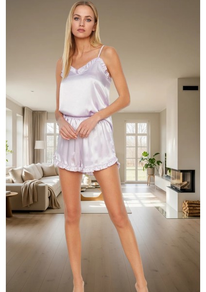 Kadın Fırfırlı Ince Askılı Saten Pijama Takımı Rahat Yazlık Uyku Seti Premium Kalite Trend Tasarım