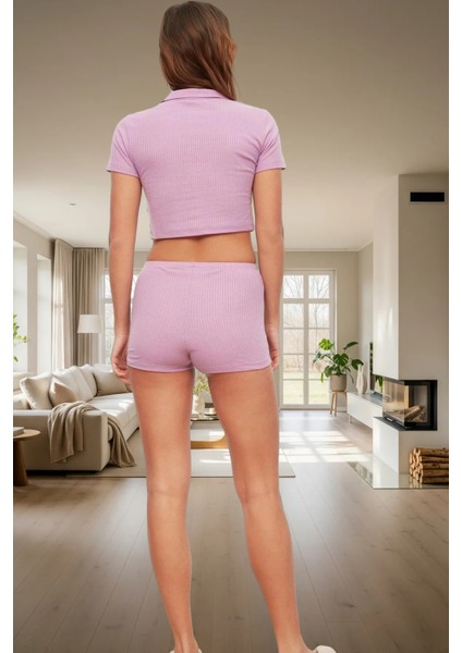 Kadın Fitilli Crop Şortlu Pijama Takımı Yazlık Regular Kalıp Trend Tasarım Seçkin Malzeme modelleri