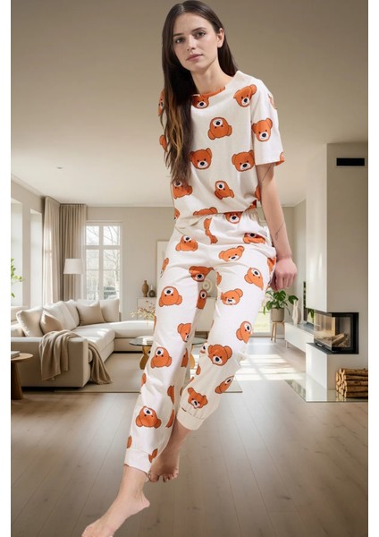 Kadın Ayıcıklı %100 Pamuklu Pijama Takımı Rahat Boru Paça Lounge Giyim Yüksek Kalite