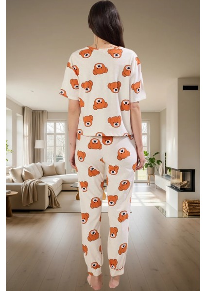 Kadın Ayıcıklı %100 Pamuklu Pijama Takımı Rahat Boru Paça Lounge Giyim Yüksek Kalite modelleri