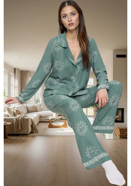 Kadın Güneş Desenli Viskon Pijama Takımı Kış Mevsimi Için Rahat ve Şık Kaliteli Işçilik