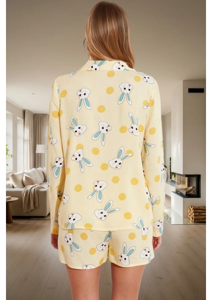 Kadın Tavşan Desenli Viskon Pijama Takımı Şortlu Düğmeli Regular Kalıp Rahat Ev Giyim Şık Görünüm modelleri