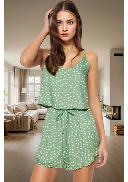 Kadın Viskon Pijama Takımı Puantiyeli Desenli Ince Askılı Rahat Yazlık Uzun Ömürlü modelleri
