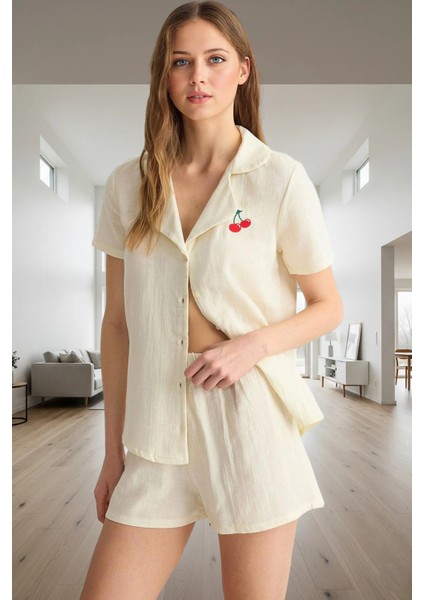 Kadın Pamuklu Kiraz Nakışlı Müslin Pijama Takımı Rahat Yazlık Kullanım