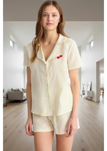 Kadın Pamuklu Kiraz Nakışlı Müslin Pijama Takımı Rahat Yazlık Kullanım fiyatları