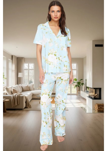 Kadın Pamuklu Çiçek Desenli Pijama Takımı Rahat Kalıp Uzun Paça Modern Stil Kaliteli Işçilik fiyatları
