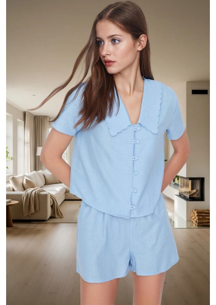 Kadın Pamuklu Regular Kalıp Kısa Kollu Gömlek Yaka Pijama Takımı Rahat Kullanım Özenle Seçilmiş