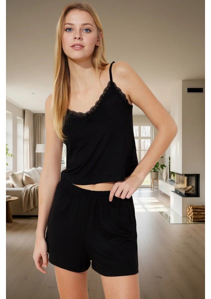 Kadın Dantelli V Yaka Viskoz Pijama Takımı Yazlık Rahat Lounge Günlük Kullanım Için