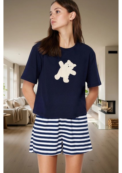 Kadın Çizgili Pamuklu Pijama Takımı Ayıcık Baskılı Rahat Yazlık Premium Kalite Kullanım