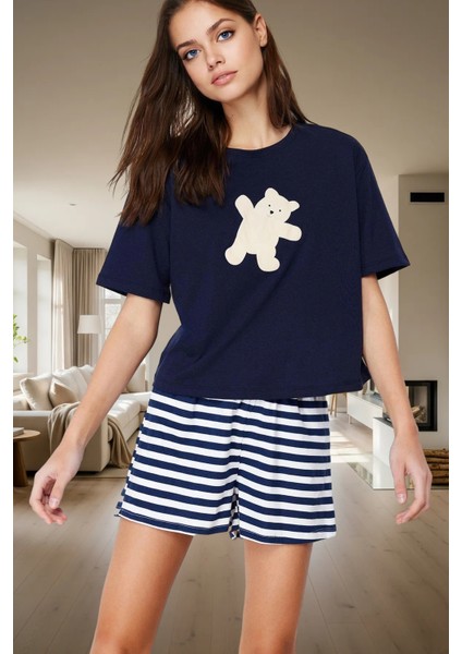 Kadın Çizgili Pamuklu Pijama Takımı Ayıcık Baskılı Rahat Yazlık Premium Kalite Kullanım fiyatları