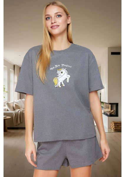 Kadın Melanj Baskılı Pijama Takımı Regular Kalıp Kısa Kollu Yazlık Günlük Kullanım Için Yüksek Kalite