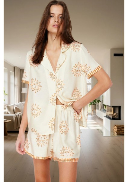 Kadın Viskon Pijama Takımı Güneş Desenli Rahat Ev Giyim Seti Premium Kalite Kaliteli Işçilik
