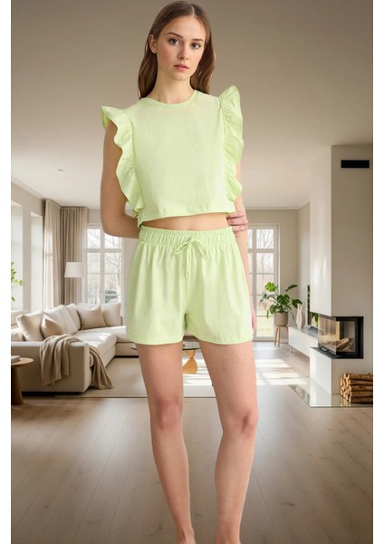 Kadın Yazlık Pamuklu Pijama Takımı Fırfırlı Detaylar Trend Tasarım Özenle Seçilmiş fiyatları