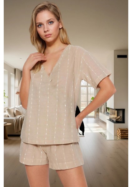 Kadın Çizgili Keten Dokuma Pijama Takımı Rahat Ev Giyim Seti Profesyonel Görünüm Özenle Seçilmiş