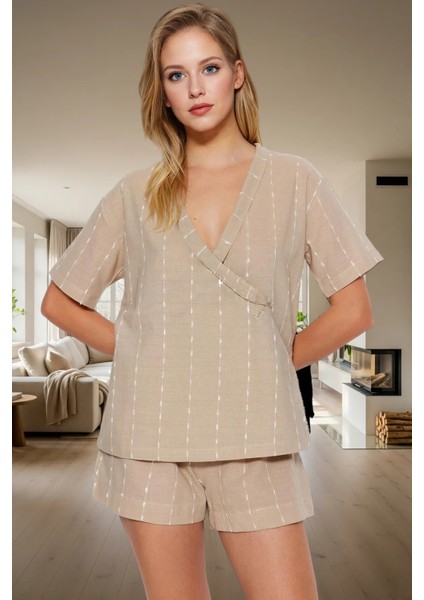 Kadın Çizgili Keten Dokuma Pijama Takımı Rahat Ev Giyim Seti Profesyonel Görünüm Özenle Seçilmiş fiyatları