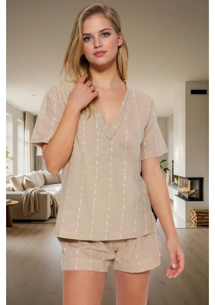 Kadın Çizgili Keten Dokuma Pijama Takımı Rahat Ev Giyim Seti Profesyonel Görünüm Özenle Seçilmiş modelleri