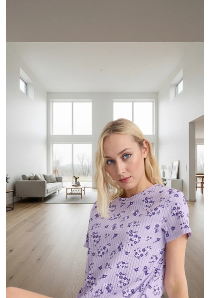 Kadın Çiçekli Fitilli Pijama Takımı Yazlık Rahat Homewear Özel Tasarım Zarif