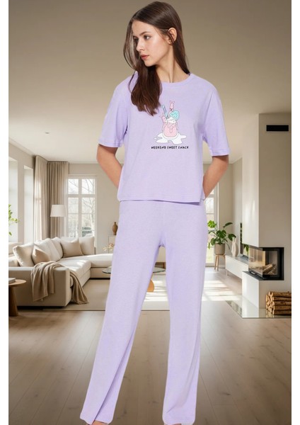 Kadın Pamuklu Rahat Baskılı Pijama Takımı Kısa Kollu Tişört Pantolon Kullanım ve Şık
