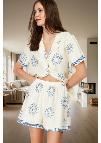 Kadın Viskon Pijama Takımı Güneş Desenli Rahat Ev Giyim Seti Premium Kalite Kaliteli Işçilik