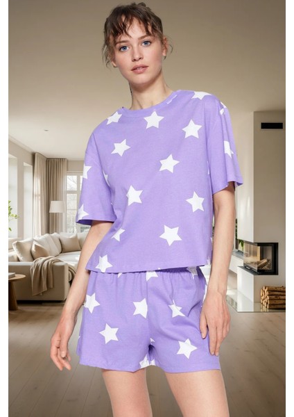 Kadın Yıldız Desenli Pamuklu Pijama Takımı Rahat Yazlık Şortlu Kaliteli Işçilik Dayanıklı Malzeme